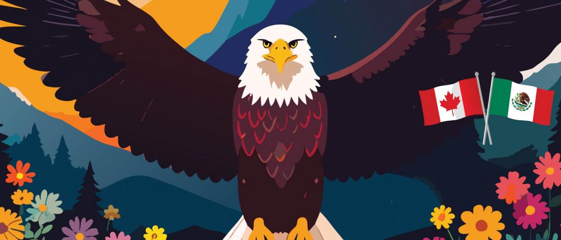 Illustration of a bald eagle with outstretched wings, with Canadian and Mexican flags.