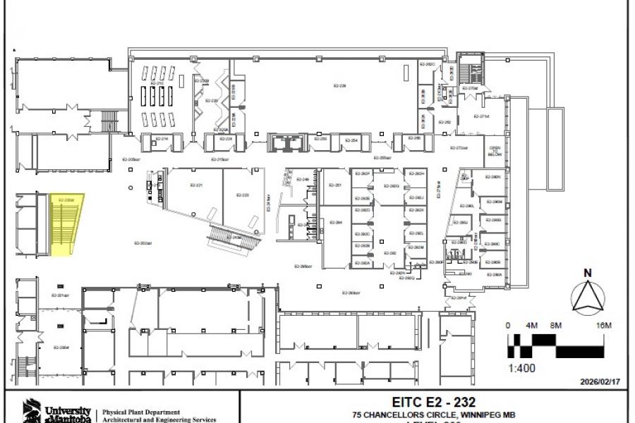 Floor plan of EITC E2 main floor stairwell highlighted in yellow in atrium