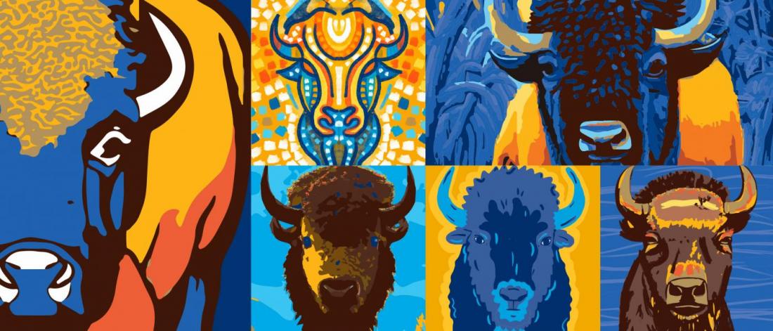 illustrations of bison in a blocked pattern.