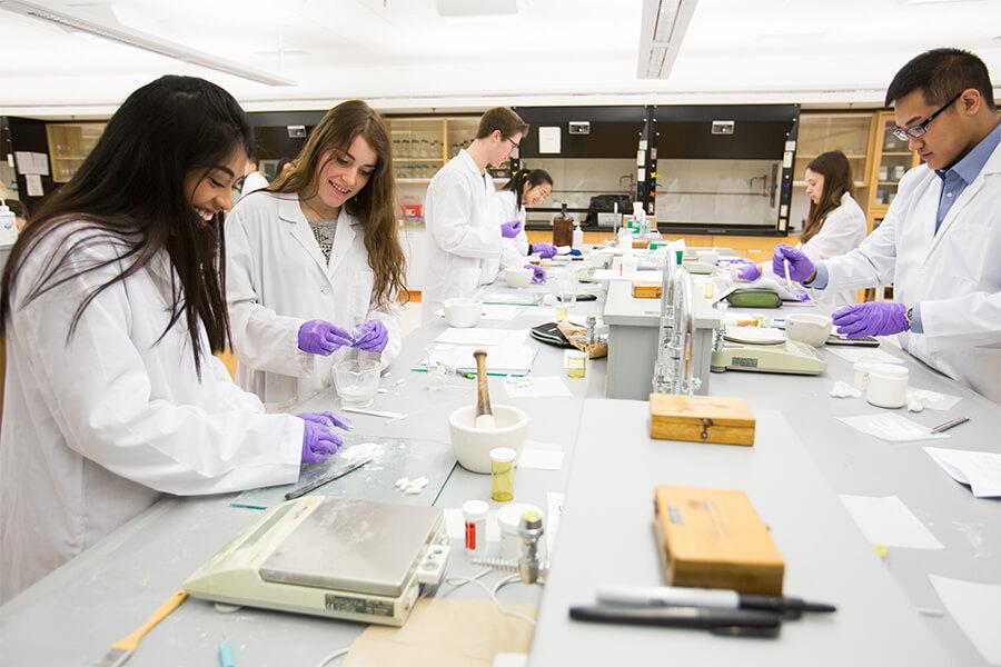 Students wearing white lab coats and purple gloves work together in a bright laboratory. They’re using scientific equipment like scales, mortars and pestles, and glass beakers while smiling and collaborating at long worktables.