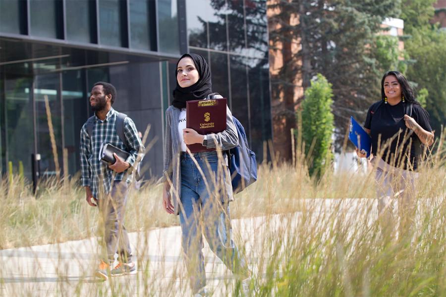 Students from various faculties walking on campus with tall grass in the foreground.  