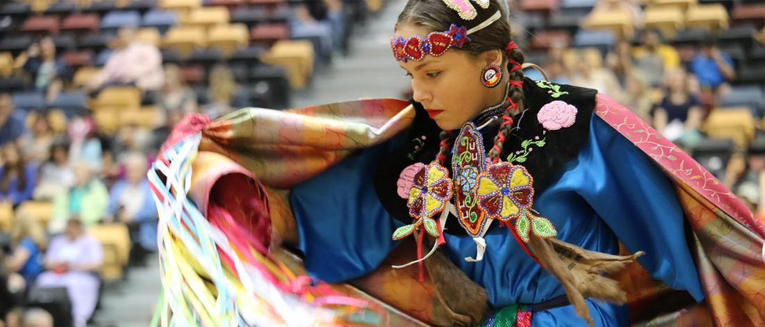 Image of a pow wow dancer in colorful clothing.