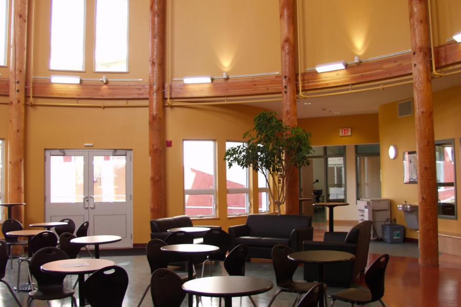 Inside a circular interior space of the William Norrie Centre.