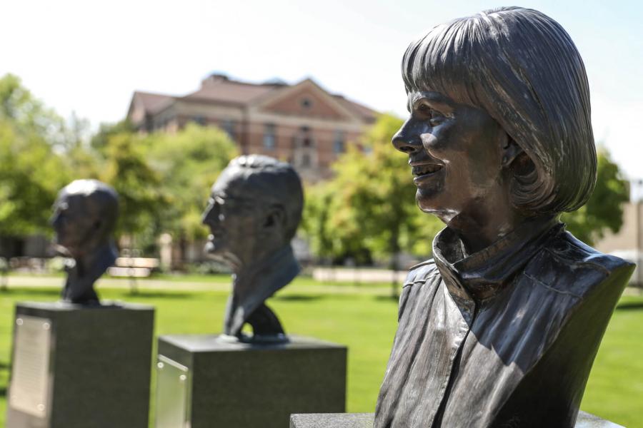 Three commissioned busts of Dr. Baldur Stefansson, Dr. Henry Bruce Chown and Carol shields stand at Innovation Plaza.