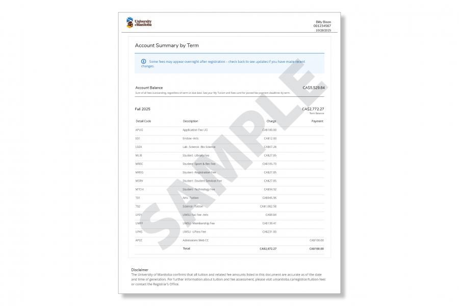 A sample of an account summary, displaying the charges for a specific term of study.