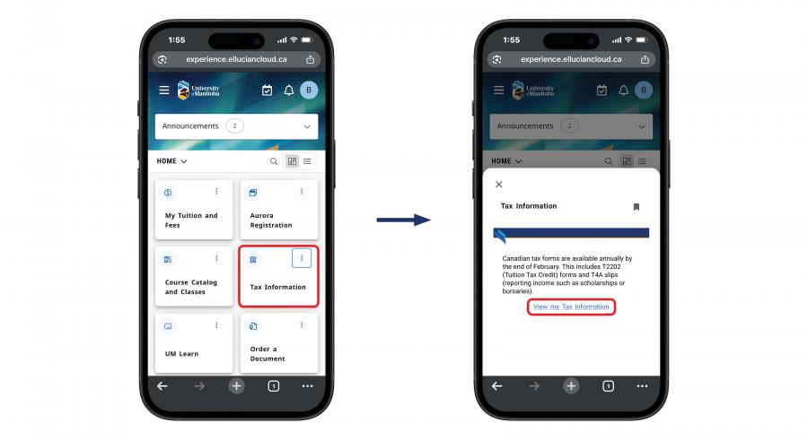An image displaying two phones, with a diagram showing the process of accessing the Tax form Menu from Aurora. 