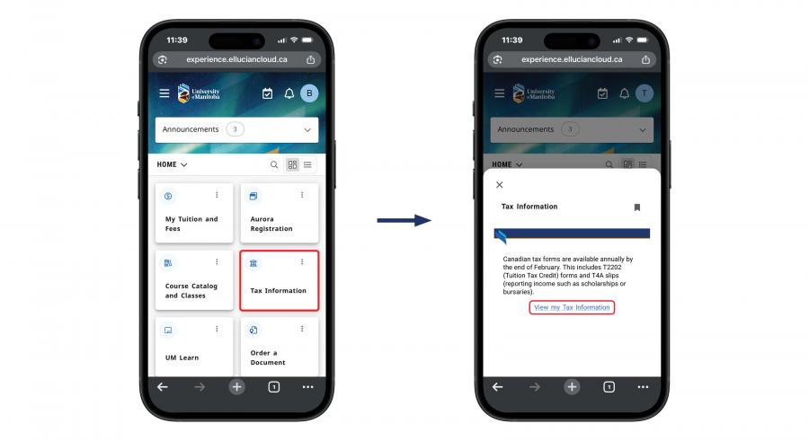 An image displaying two phones, with a diagram showing the process of accessing the Tax form Menu from Aurora. 