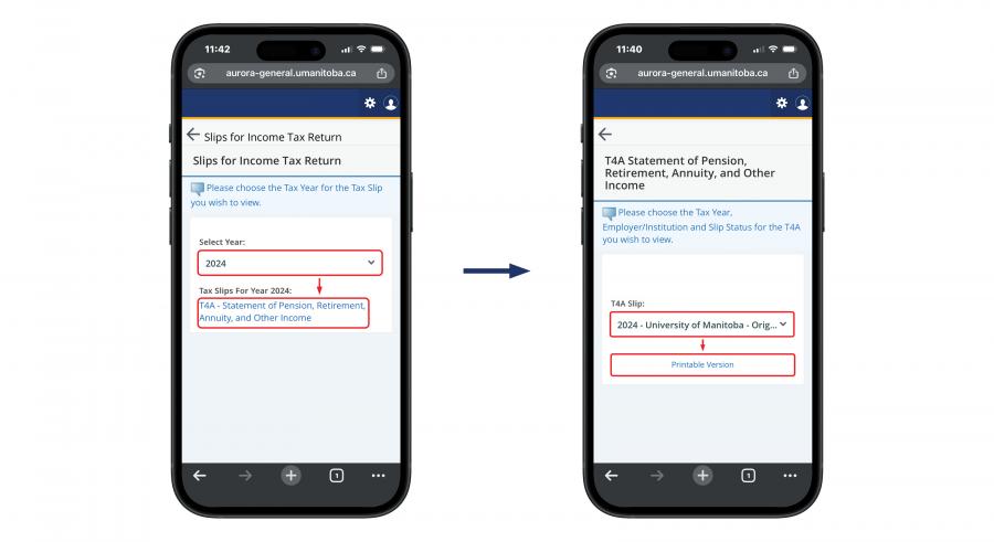 An image displaying two phones, with a diagram showing the process of selecting the tax year and downloading your T4A.