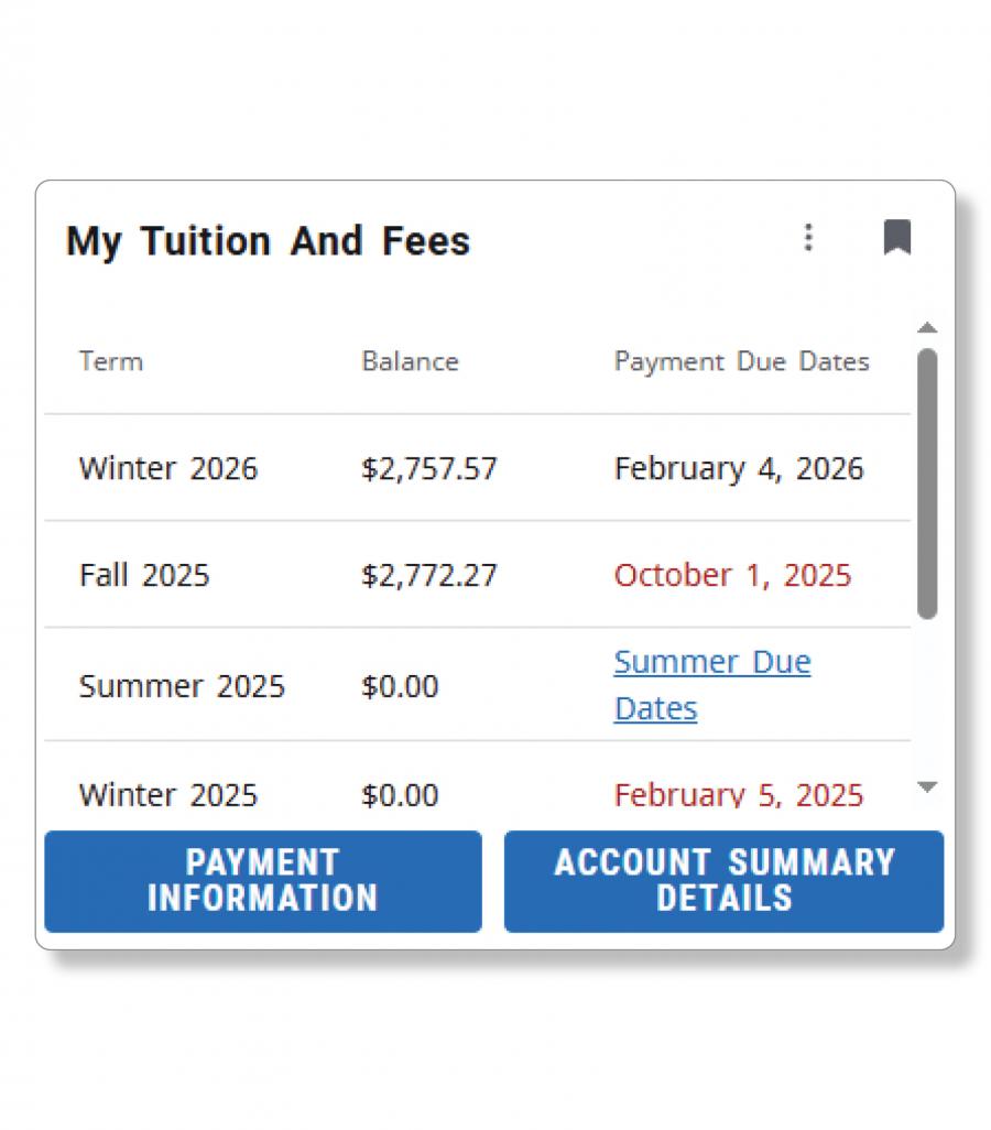 An image of the My Tuition and Fees card in Aurora.