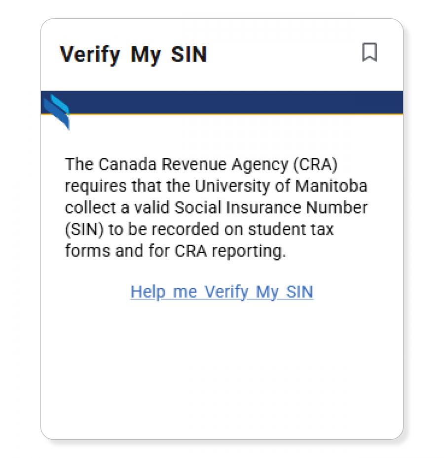 A screen capture of the 'Verify my SIN' (Social Insurance Number) Card in Aurora, showing the card the link and the reasoning behind the collection on SINs.