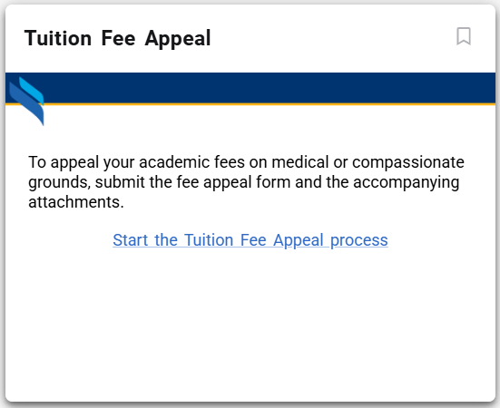 Blue banner at top, with text stating this is the tuition fee appeal card and to click on the link to fill out the form. 