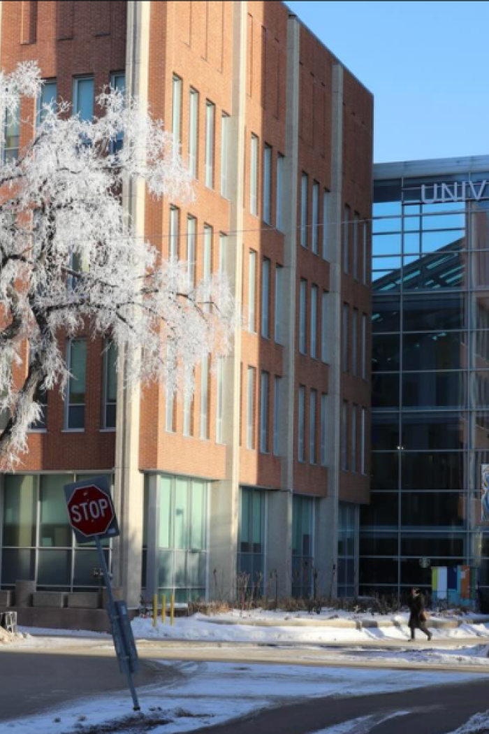 University of Manitoba building entrance at the Bannatyne campus in winter.