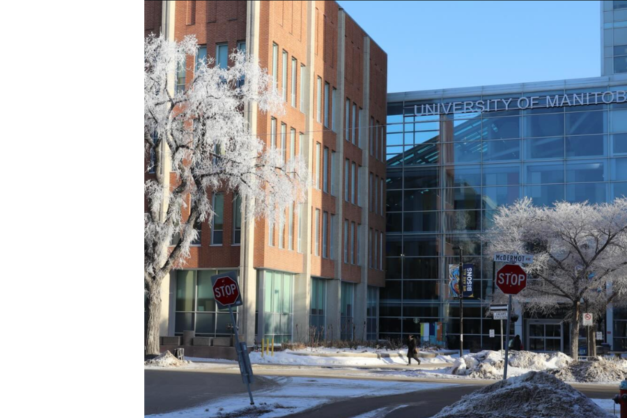 University of Manitoba building entrance at the Bannatyne campus in winter.