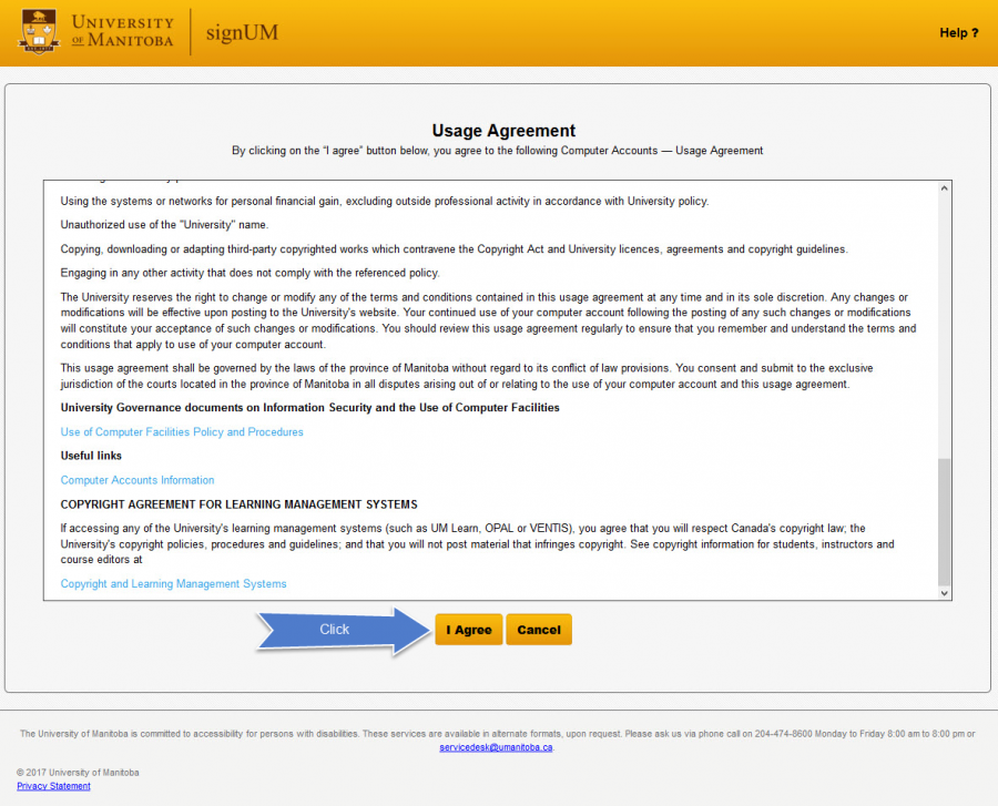Pointing to agree button for usage agreement.
