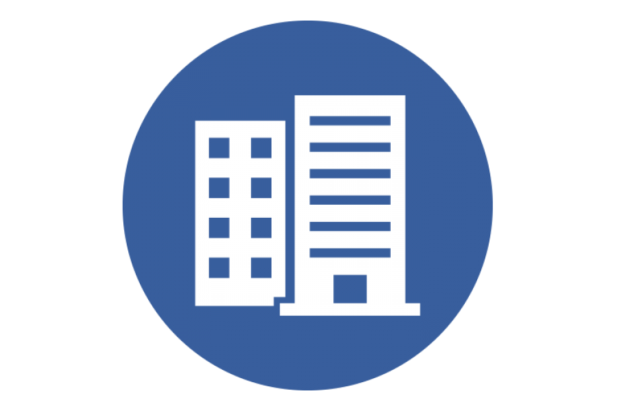 A graphic of a blue circle with a white icon of a high-rise building in the middle.