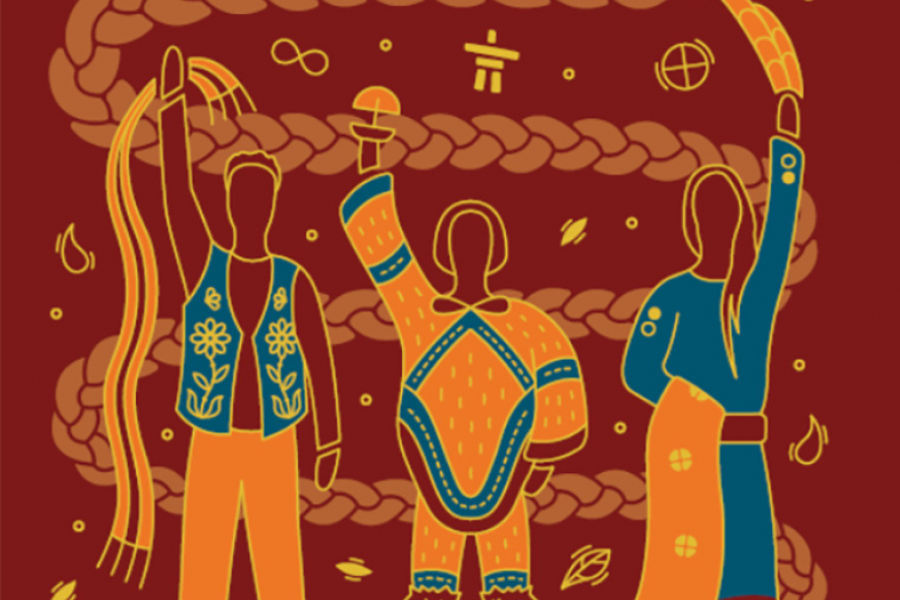 Three Indigenous figures raising cultural items under the words “Truth Before Reconciliation,” with braids and symbols in the background.