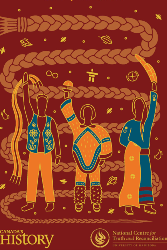 Three Indigenous figures raising cultural items under the words “Truth Before Reconciliation,” with braids and symbols in the background.