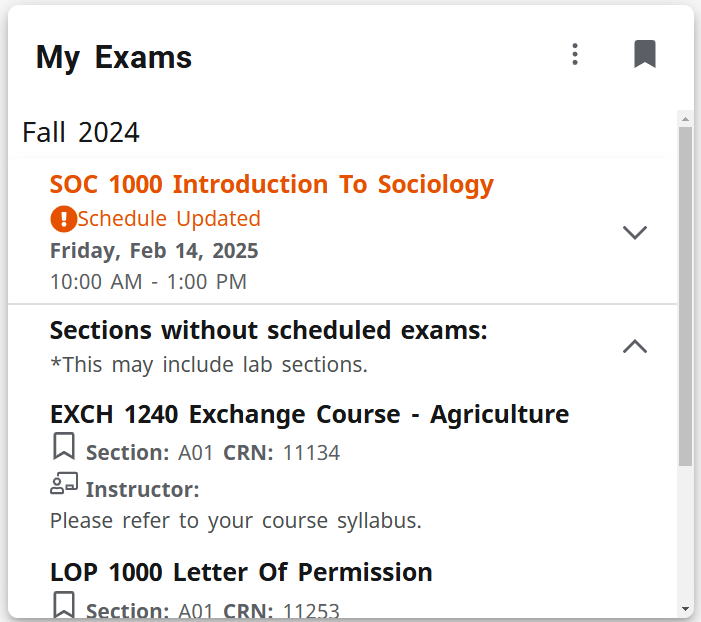 A screenshot of my exams, highlighting only your exams. Orange red text means new information. 