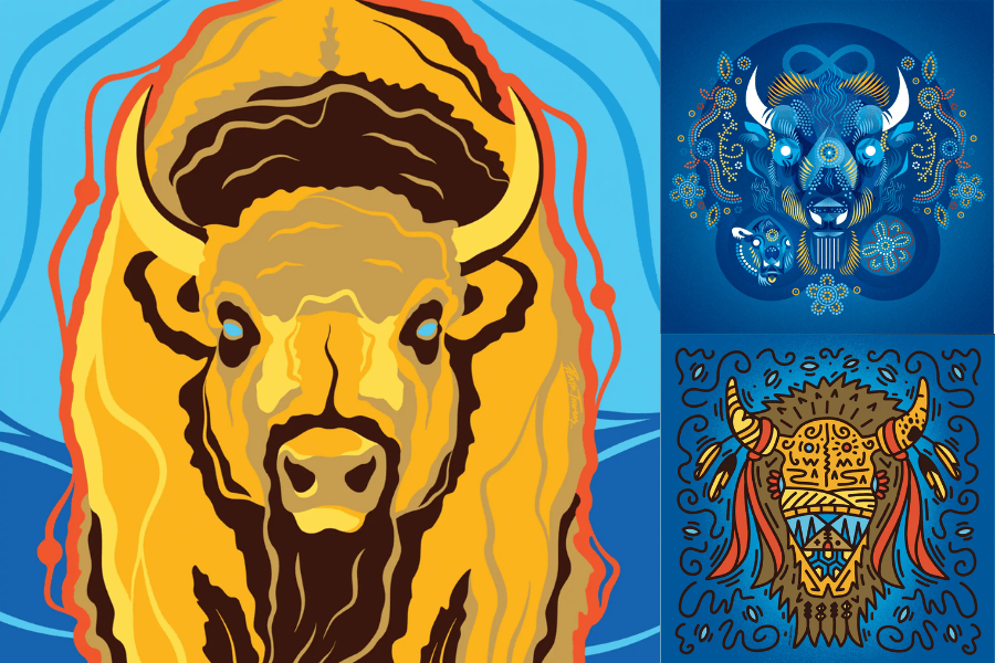 Stylized illustrations of bison heads in bold colors and patterns, including a large yellow bison and two smaller blue and brown decorative designs.
