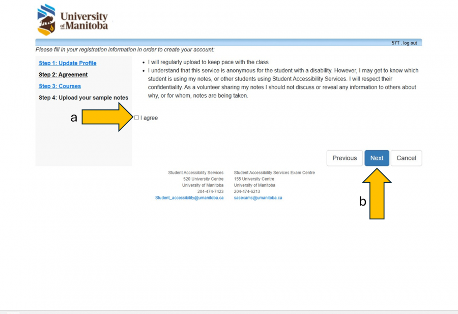 Note-taker agreement page with an arrow labelled A pointing at the agreement checkbox, an arrow labelled B pointing to the next button.
