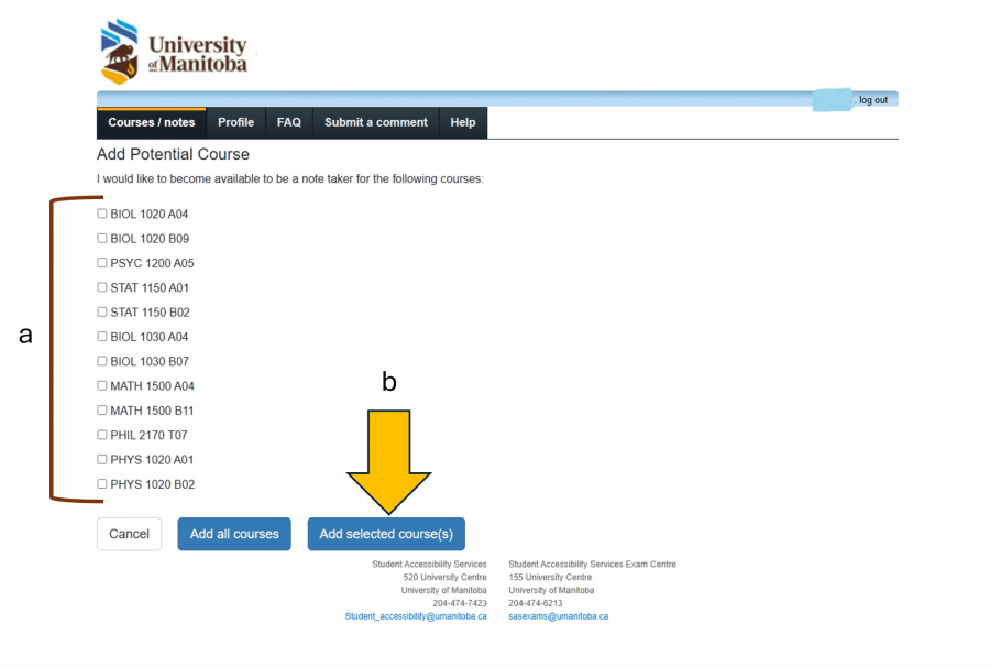 Note-taker choose course page with a list of courses bracketed and labelled A. An arrow labelled B pointing to "Add selected course(s)"