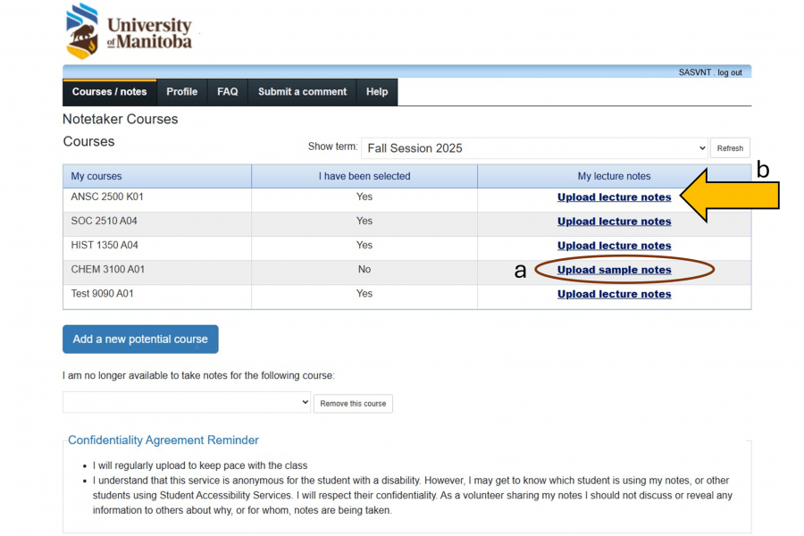 Notetaker courses screen with a circle labelled A around a link to "upload sample notes" and an arrow labelled B pointing to Upload Lecture notes