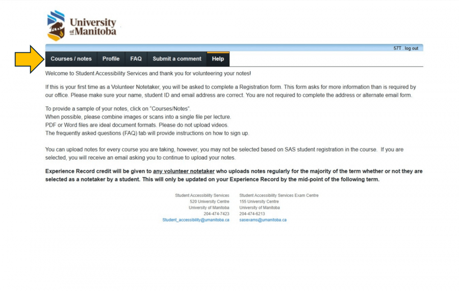 Note-taker help screen with an arrow pointing at Course / Notes in the top left corner under the UM logo