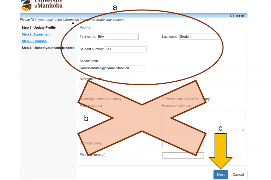 The Note-taker registration page with a circle around the required information and a large X crossing out the unnecessary information. An arrow points to "Next"