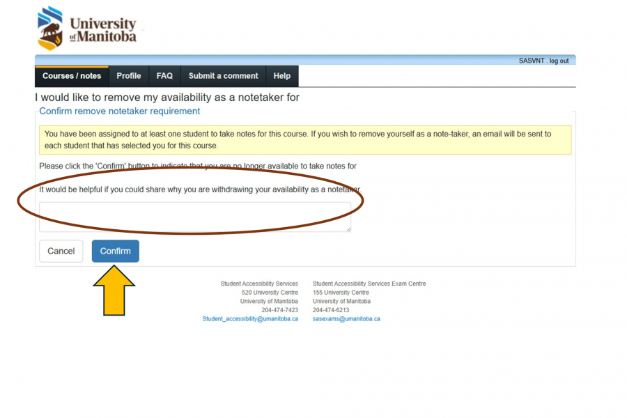 Screen to confirm and provide comment for removing a course as a notetaker