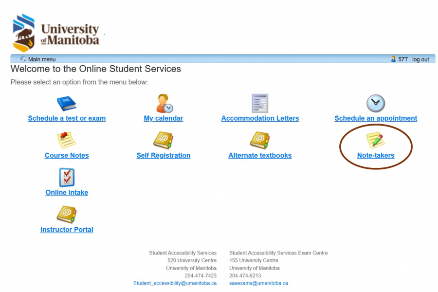SAS Portal main menu with the Note-Takers icon circled in the second row, fourth column.
