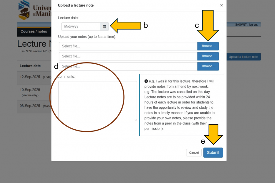 An upload lecture screen with an arrow labelled B pointing at the lecture date field. An arrow labelled C indicates the Browse button. A circle labelled D is around the optional comment section. An arrow labelled E points to submit.