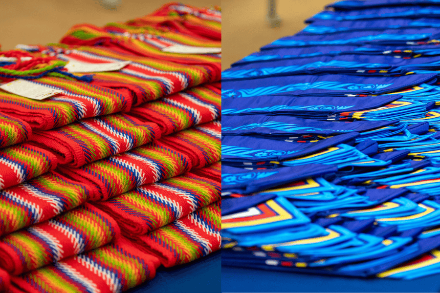 Métis sashes and blue ceremonial stoles prepared for graduates.
